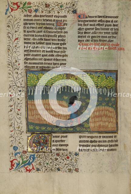 A Hunter and a Dog Tracking between a Field and a Forest; Livre de la Chasse, about 1430-1440. Creator: Unknown.