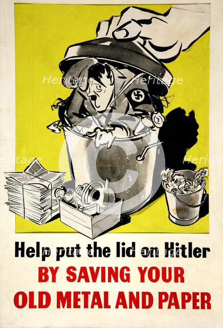 Help put the lid on Hitler by saving your old metal and paper', WWII poster, between 1939 and 1946. Creator: Central Office of Information.