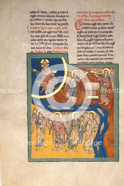 Leaf from a Beatus Manuscript: the Sixth Angel Delivers the Four Angels..., ca. 1180. Creator: Unknown.