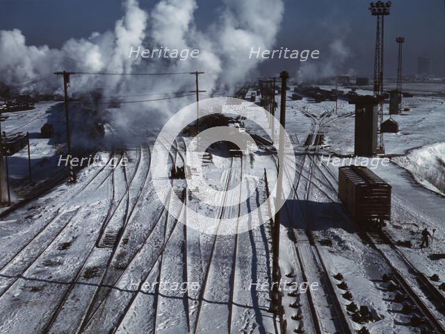 Belt Railway, looking toward the west yard of clearing yard, from bridge of hump, Chicago, Ill, 1943 Creator: Jack Delano.