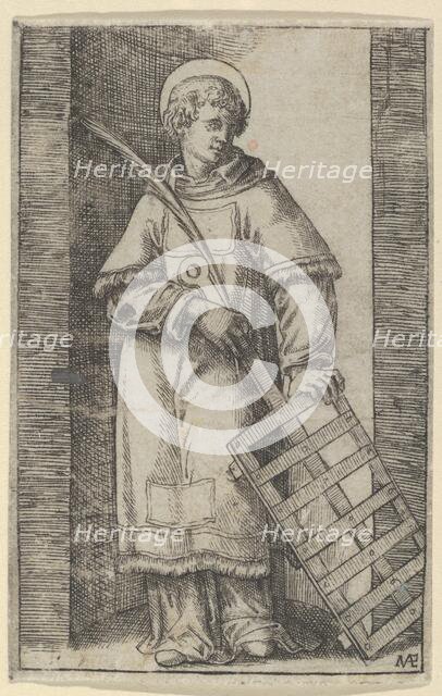 Saint Vincent, left hand resting on a grill, from the series 'Piccoli Santi' (Sma..., ca. 1500-1527. Creator: Marcantonio Raimondi.