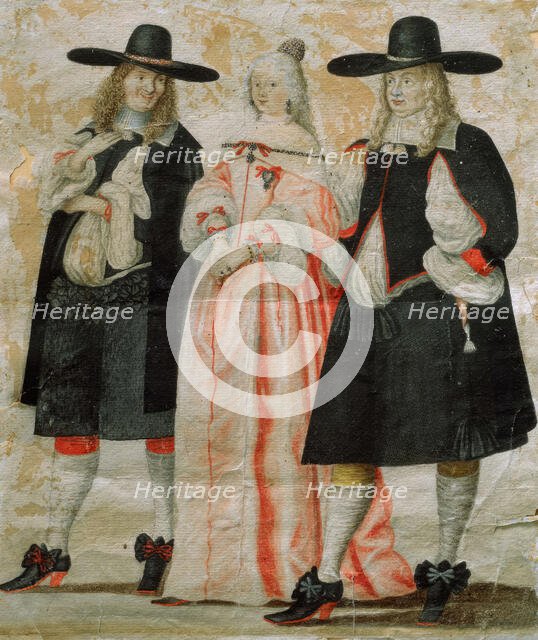 Two men and a woman in 17th century clothing. Creator: Unknown.