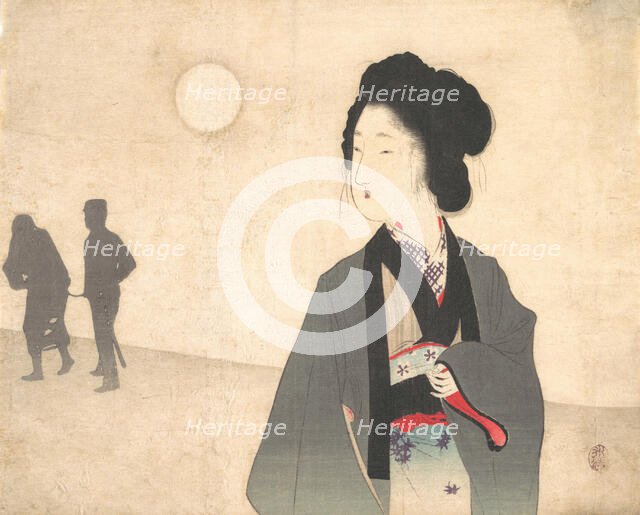 Young Woman Looks at Silhouette of a Male Prisoner being Led Away, early 20th century. Creator: Tomioka Eisen.