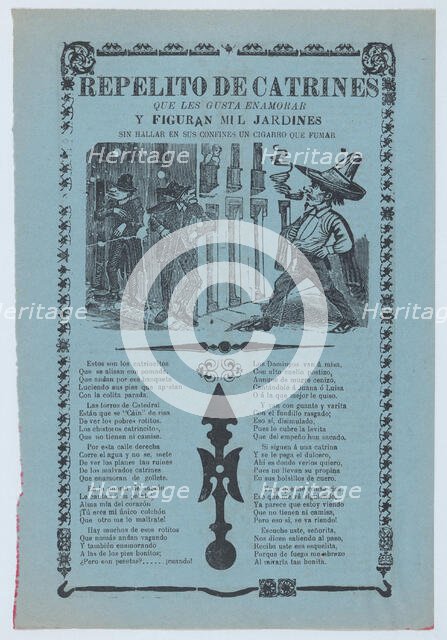 Broadsheet relating to womanizers who are standing on a corner looking up at a woman on..., ca.1904. Creator: José Guadalupe Posada.