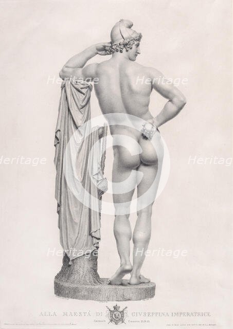 Paris leaning on tree stump, back view. from "Oeuvre de Canova: Recueil de Statues ...", 1817. Creator: Giovanni Tognolli.