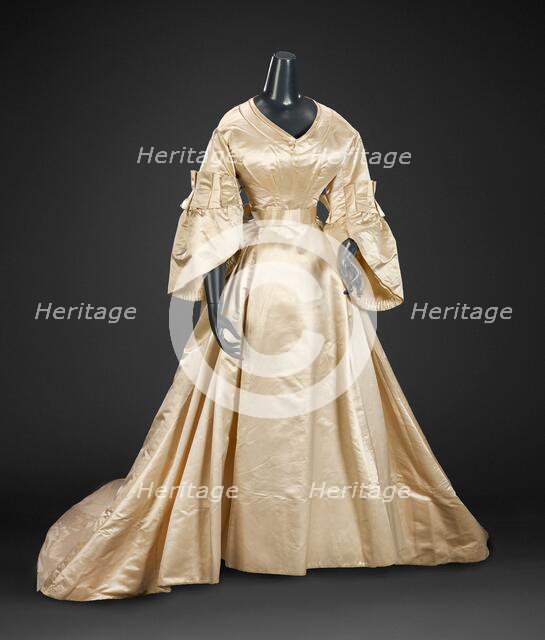 Wedding Dress (Skirt, Bodice, Peplum, Pair of Gloves), about 1870. Creator: Unknown.