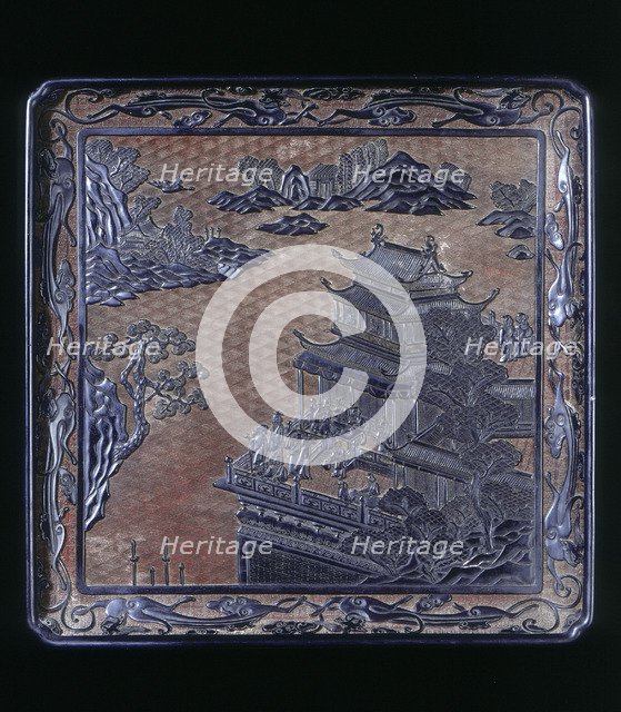 Red and black carved square lacquer tray with landscape, Qing dynasty, China, 17th-18th century. Artist: Unknown