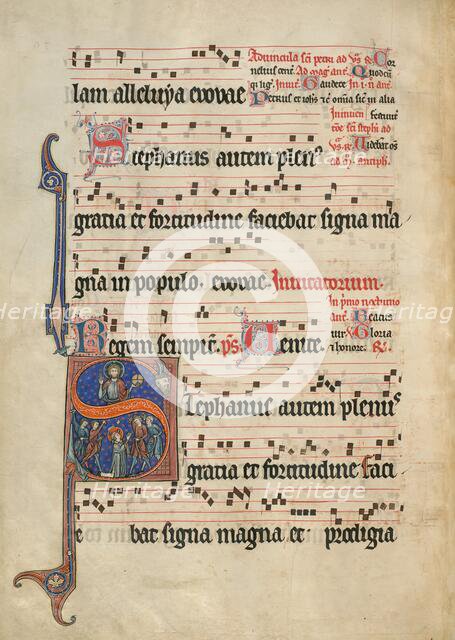 Initial S: The Stoning of Saint Stephen; Antiphonal, about 1260-1270. Creator: Unknown.