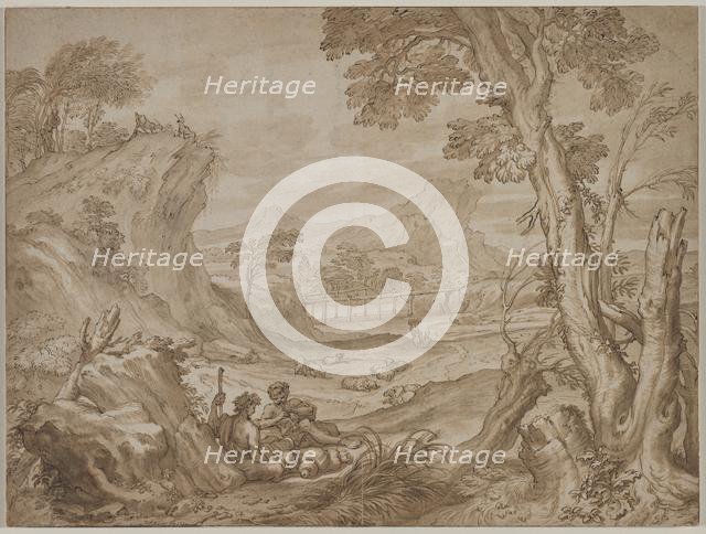 Landscape with Shepherds, c. 1700?. Creator: Domenico I Piola (Italian, 1627-1703).