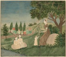 Mother and Three Children Making a Floral Wreath, c. 1825. Creator: Unknown.