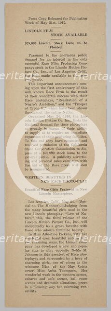 Press release from the Lincoln Motion Picture Company, May 21, 1917. Creator: Unknown.