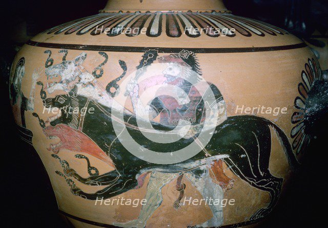 Greek vase painting of Heracles and Cerberus. Artist: Unknown