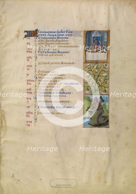 January Calendar Page; Feasting; Aquarius; Katherine Hours, about 1480-1485. Creator: Unknown.
