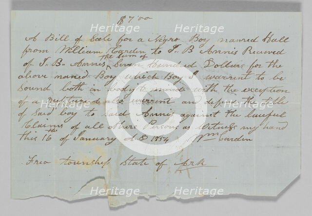 Bill of sale for a boy named Hall to Jerome B. Annis, January 16, 1854. Creator: William Cardin.