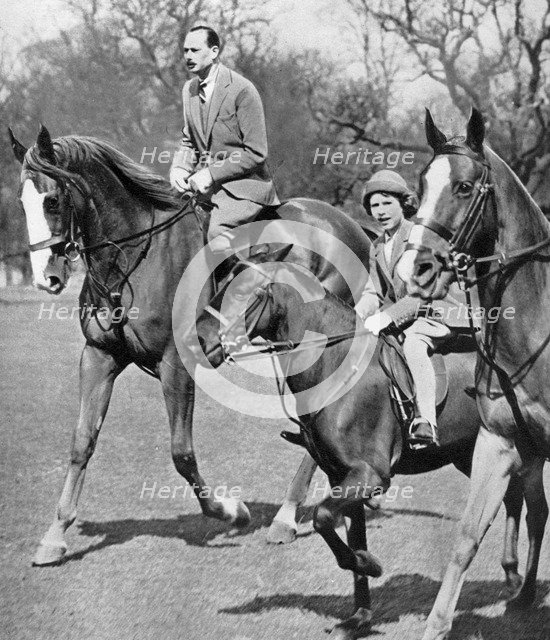 The  Duke of Gloucester riding with Princess Elizabeth in Windsor Great Park, c1936. Artist: Unknown