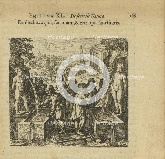 Emblem 40. Make two waters into one, and it will be the water of health, 1816. Creator: Merian, Matthäus, the Elder (1593-1650).