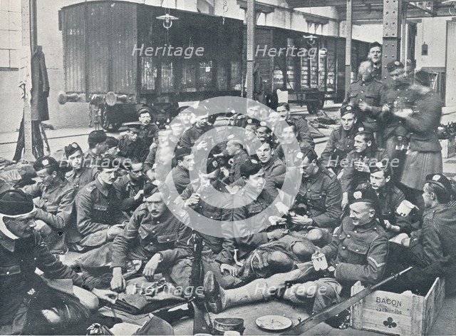 British troops having a meal in a French Railway Station, c1914. Artist: Unknown