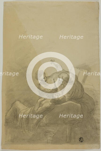 Dying Man Attended By Two Figures Holding Candle, Book and Cross, n.d. Creator: Unknown.