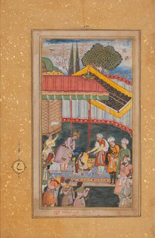 Emperor Babur Receiving a Visitor, Folio from a Baburnama (The Book of Babur), ca. 1590. Creator: Unknown.