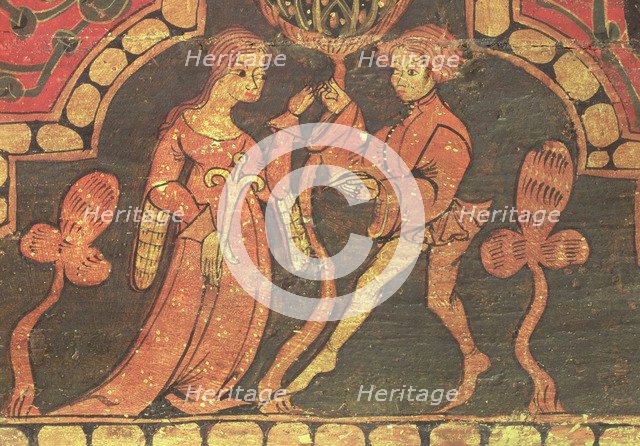 Scene of a loving couple, detail of a table in the coffered ceiling of the castle of Peñafiel (Va…