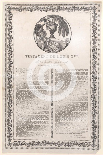 The last words of Louis XVI (Testament de Louis XVI), 1793-1800., 1793-1800. Creator: Anon.