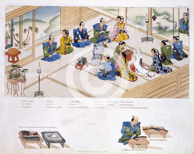 Japanese Marriage: the two families meeting, with mediator; pub. 1824. Creator: Japanese School (19th century).