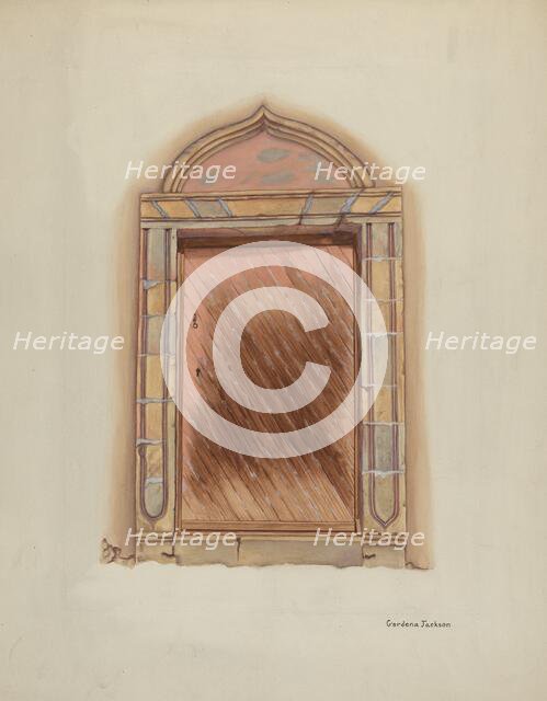 Carved Stone Doorway, Mission San Carlos Borromeo, 1938. Creator: Gordena Jackson.