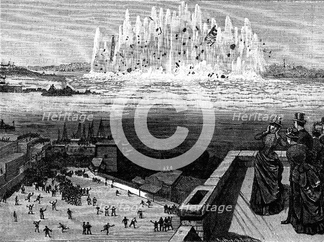 Blowing up Flood Rock, 1885, (1886).  Artist: Anon