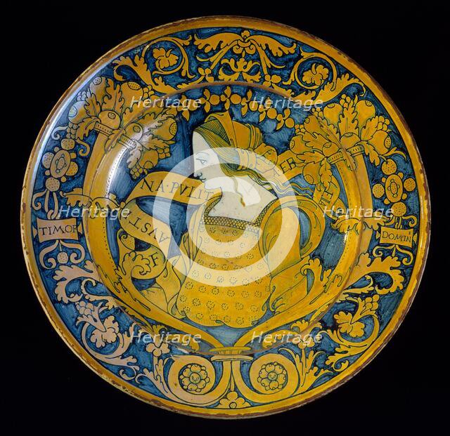 Large dish with border of floral scrollwork and cornucopias..., c. 1510/1535. Creator: Unknown.