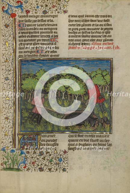 A Hunter Wounding a Wild Boar Caught in a Pit; Livre de la Chasse, about 1430-1440. Creator: Unknown.