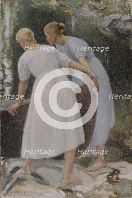 Girls Pushing a Boat, 1925. Creator: Pekka Halonen.