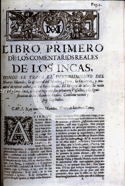 Royal Commentaries of Garcilaso de la Vega, first page of Book First.