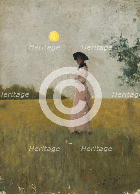 View of a Lady in Pink standing in a Cornfield, 1881. Creator: George Clausen.