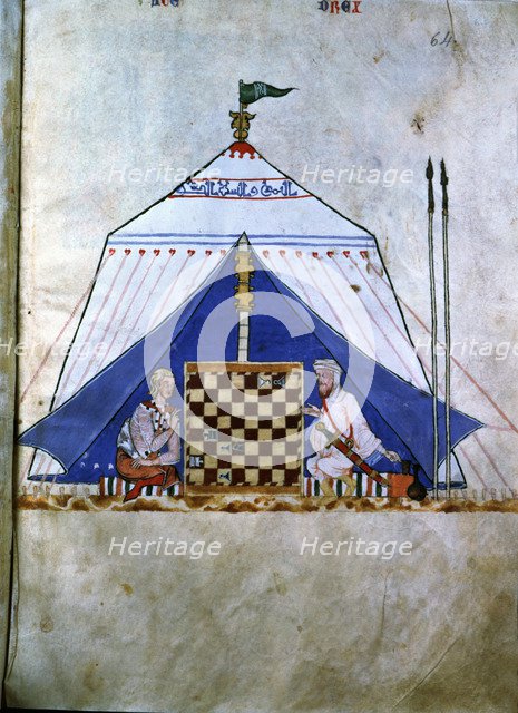 Moor and Christian playing chess inside a tent. Miniature in the 'Book of the games, chess, dice …