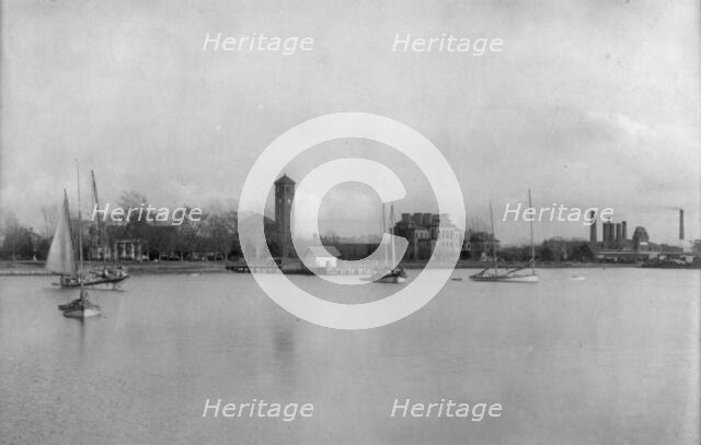 Hampton Institute campus from offshore (southern waterfront), Hampton, Virginia, 1899. Creator: Frances Benjamin Johnston.