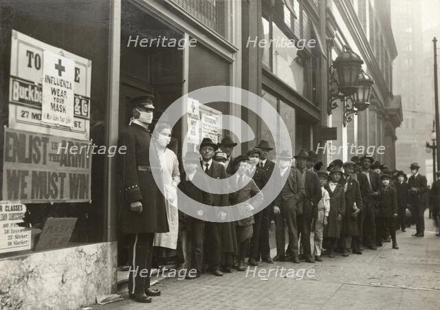 People line outside a store to buy face masks, 1 October 1918, 1918. Creator: Dobbin, Hamilton Henry (1856-1930).