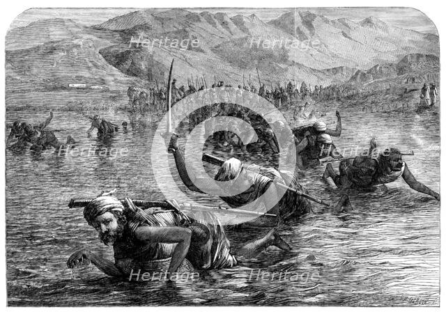 A party of Wuzurees crossing the Indus on water-jars, 1864. Creator: Mason Jackson.