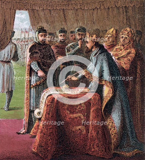 King John of England signs the Magna Carta (From: Pictures of English History), 1868. Artist: Kronheim, Joseph Martin (1810-1896)