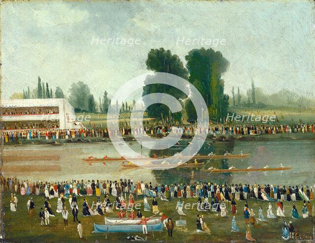 Rowing Scene: Crowds Watching from the River Banks, late 19th century. Creator: E. Levy.