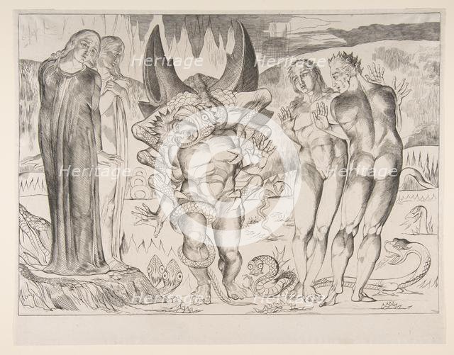 Circle of Theives: Agnello Brunelleschi Attacked By a Six-Footed Serpent, from Dan..., ca. 1825-27. Creator: William Blake.