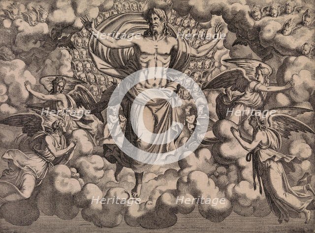 The Apostles Looking at Christ and the Virgin in a Glory of Angels (top right plate), 1546. Creator: Leon Davent.