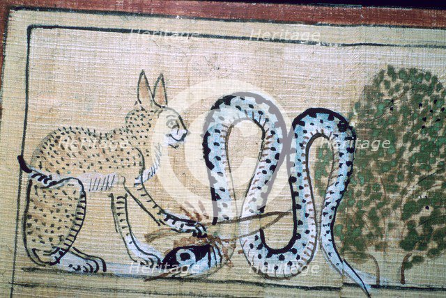 Egyptian papyrus of the cat of Ra killing Apophis the snake of evil. Artist: Unknown