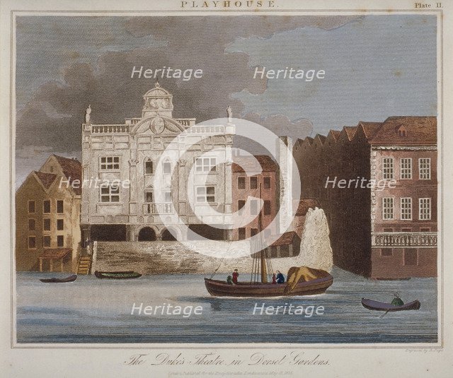 The Duke's Theatre, Dorset Gardens, from the River Thames, City of London, 1825.      Artist: R Page