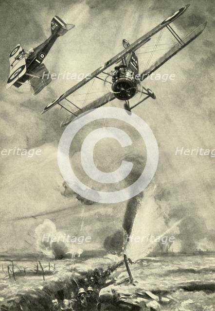 "Trench Strafing": British low-flying scouts co-operating in an infantry attack on the Western Front Creator: Unknown.