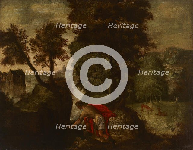 Landscape with a Kneeling Knight (Theseus?), 1st half of 17th century. Creator: Unknown.