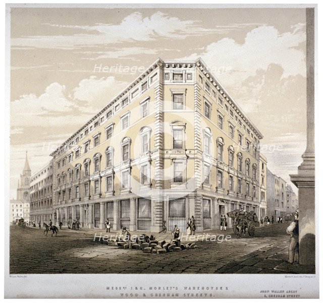 Messrs J&R Morley's warehouses, corner of Wood Street and Gresham Street, London, c1840.    Artist: Martin & Hood