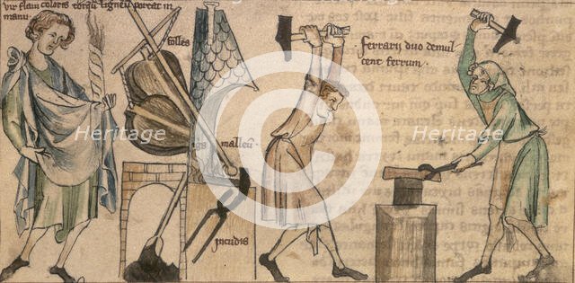 Blacksmiths at work, second half of the 14th century.  Creator: Unknown.