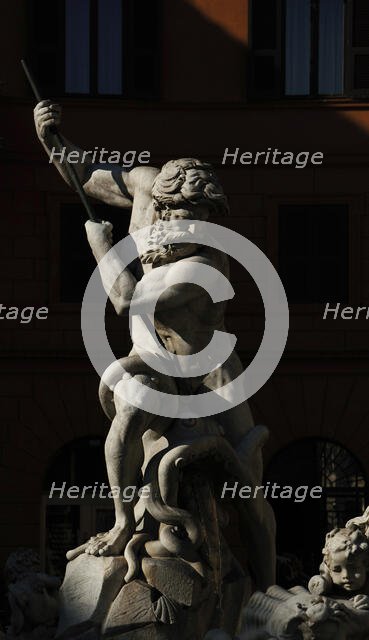 Detail of Fountain of Neptune, Piazza Navona, Rome, Italy, 2009.   Creator: LTL.