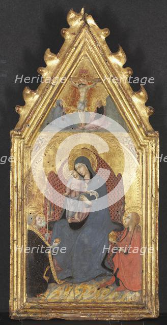 Virgin and Child Adored by Saints Mary Magdalene and Nicolas of Bari; Christ Crucified..., 1400s. Creator: Sano di Pietro (Italian, 1406-1481).