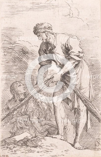 A man pulling a net with two figures behind him, from the series 'Figurine', ca. ..., ca. 1656-1657. Creator: Salvator Rosa.